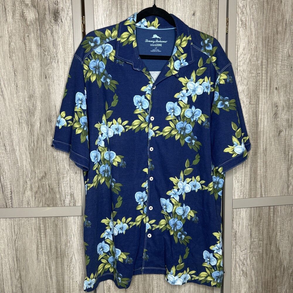 Tommy Bahama Island Zone Camp Shirt Floral Pima Cotton Blue
